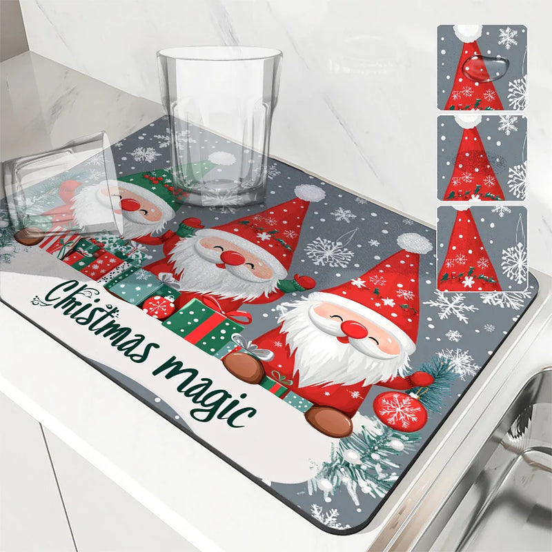 Axyaa Snowflake Fir Kitchen Mat: Absorbent, Antiskid, Quick Drain Pad for Tableware & Dishes