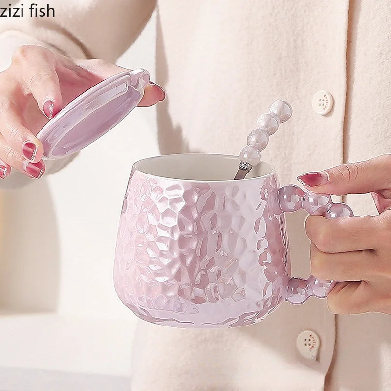 Axya Ceramic Water Cup with Spoon & Cover - Stylish Coffee Milk Tea Mug Gift