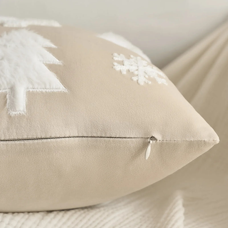 Axyaa Velvet Christmas Tree Cushion Cover, Embroidered Snowflakes, Home Decor