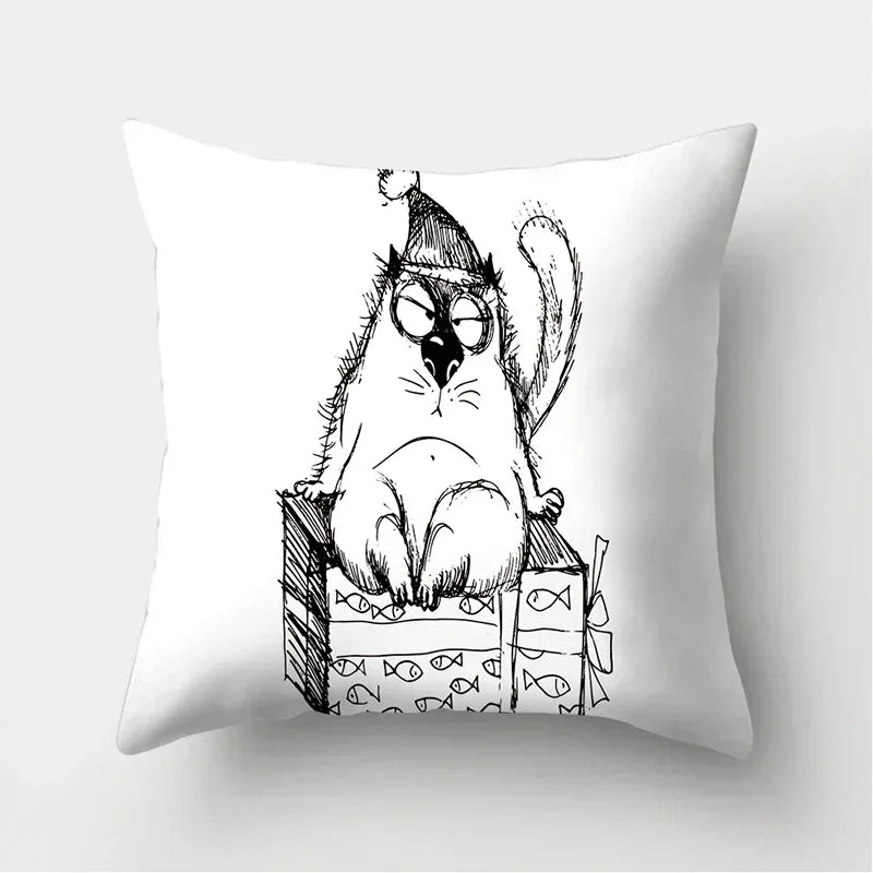 Axyaa Black & White Cat Pattern Cushion Cover for Living Room, Bedroom & Sofa