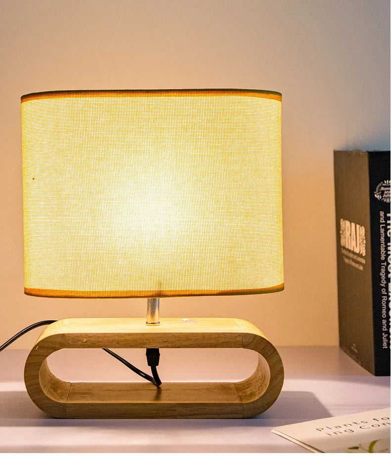 Axyaa Nordic Wooden LED Table Lamp with Linen Lampshade
