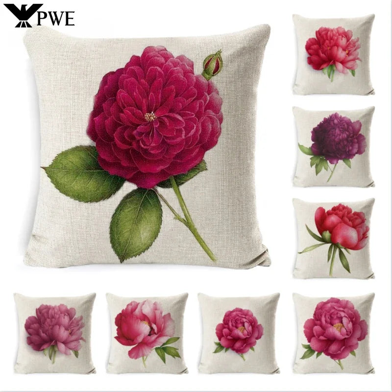 Axyaa Rose Print Cushion Cover 45*45cm Linen Decorative Pillowcase for Living Room