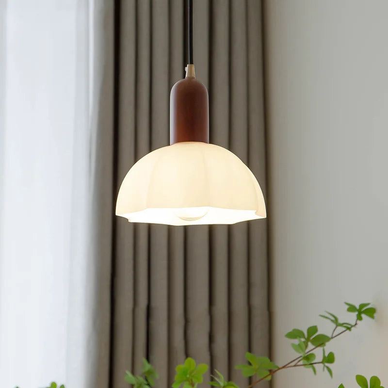 Axyaa White Glass LED Pendant Lights with Wood Handle - Modern Living Room Décor
