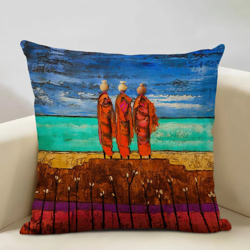 Axyaa African National Style Oil Painting Cushion Cover for Living Room Sofa Art