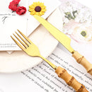 Axyaa Gold Bamboo Handle Dinner Fork Set - Stainless Steel Cutlery Set
