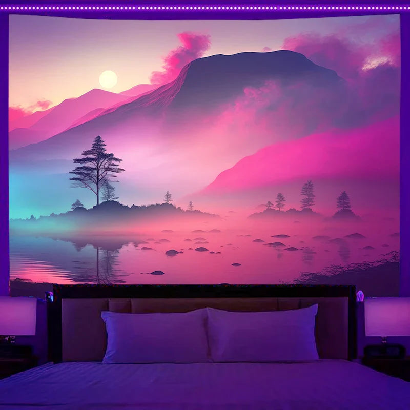 Axyaa Starry Sky Mountain Cherry Blossom Wall Hanging for Aesthetic Bedroom Decor