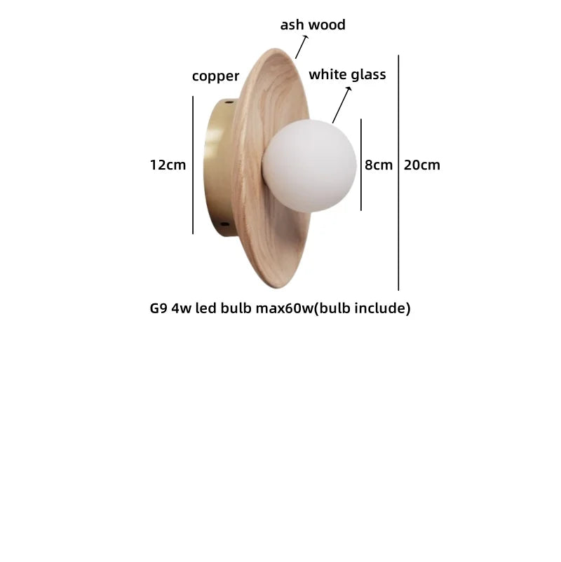 Axyaa Round Wood Glass Ball LED Wall Sconces for Bedroom and Living Room