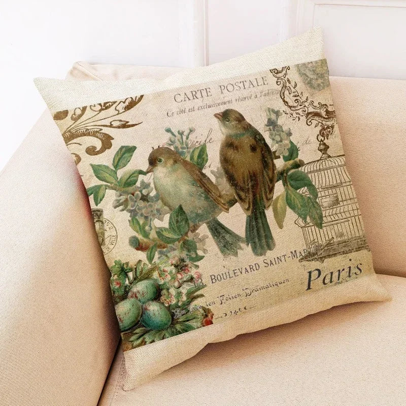 Axyaa Retro Flower Bird Linen Pillowcase Car Seat Cushion Cover Living Room Sofa