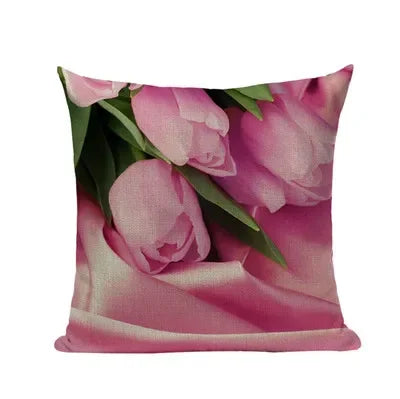 Pink Tulip Linen Cushion Cover - Axyaa 45x45cm Pillowcase