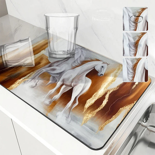 Axyaa Absorbent Horse Flower Kitchen Mat, Quick Dry Tableware Mat