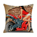 Retro Motorcycle Girls Linen Pillow Cover by Axyaa