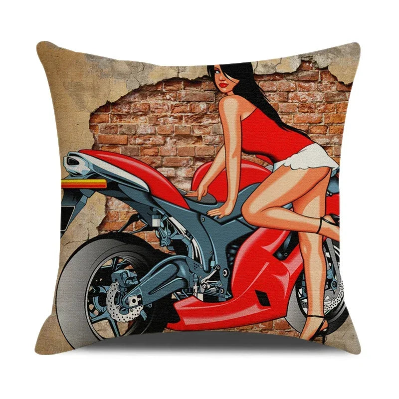 Retro Motorcycle Girls Linen Pillow Cover by Axyaa