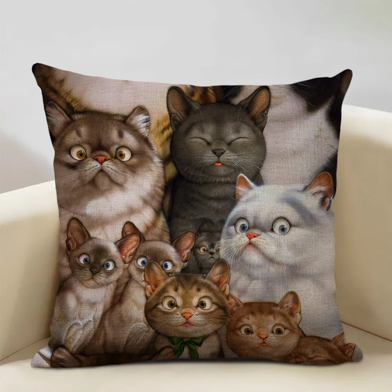 Axyaa Cat and Dog Pattern Cushion Cover 45x45cm Linen Square Pillowcase