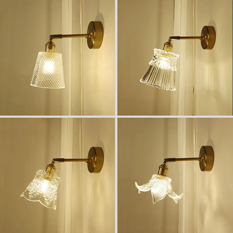 Axyaa Glass Shade Brass Wall Sconce Lamp - Modern Luxury Mirrored Bedside Light