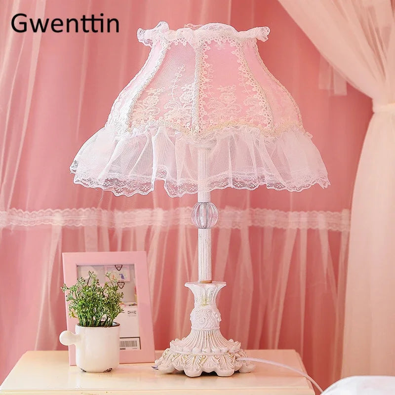 Axyaa Nordic Pink Lace Fabric LED Table Lamp for Bedroom Princess Decor