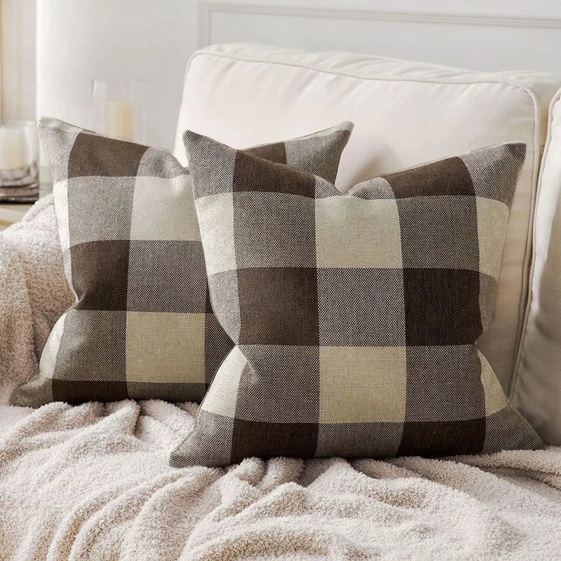 Axyaa Buffalo Plaid Check Throw Pillow Covers in Blue White Orange Ivory.