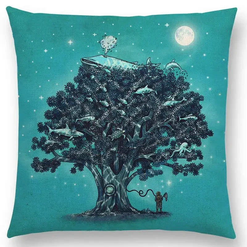 Cute Ghost Sailboat Whale Diver Cushion Cover by Axyaa