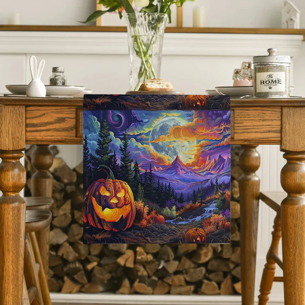 Axyaa Forest Moon Mountain Table Runner: Halloween Party Dining Centerpiece