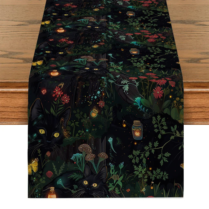 Axyaa Black Cats Butterflies Table Runner for Farmhouse Dining and Wedding Party