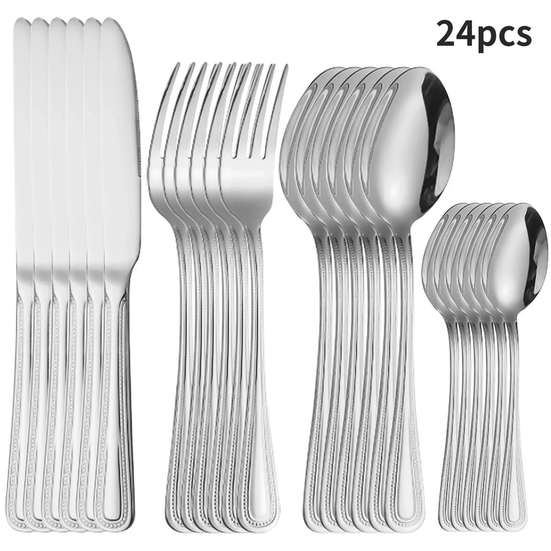 Axyaa 24-Piece Stainless Steel Silver Cutlery Set for Family, Hotel, and Restaurant