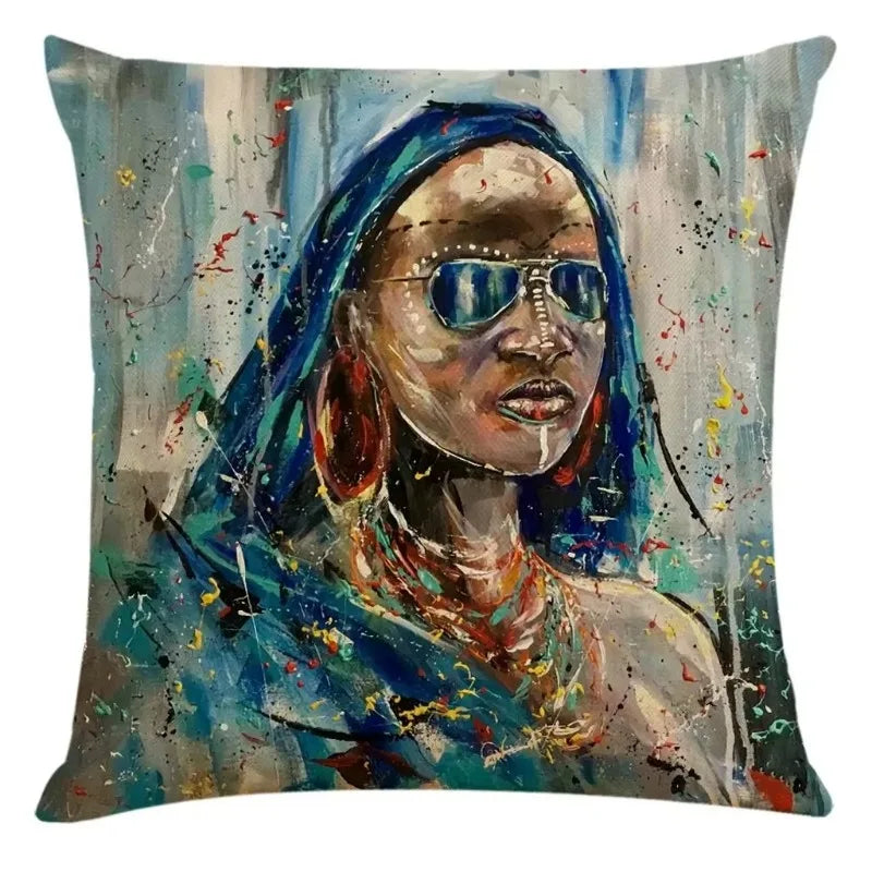 Axyaa African Women Style Linen Pillow Cover 45x45cm