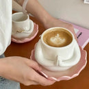 Axyaa Lotus Ceramic Coffee Cup and Saucer Set, White Floral Design Mug and Plate