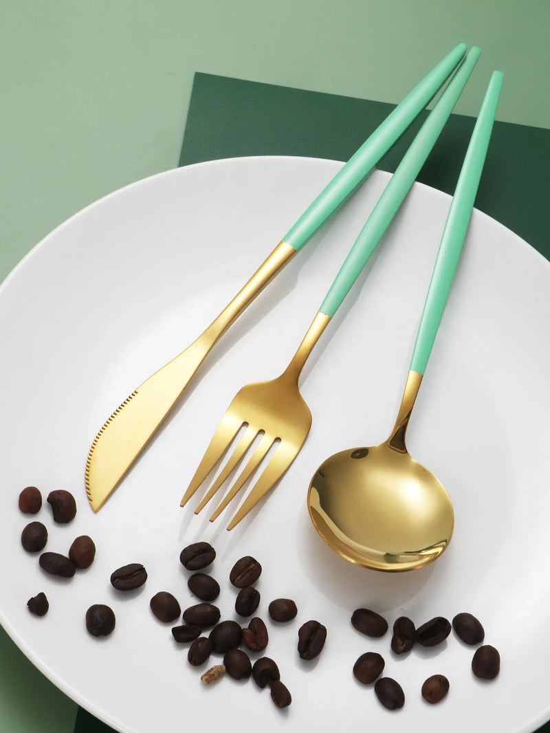 Axyaa Green Stainless Steel Tableware Set: Steak Knife, Fork, Spoon