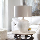 Axyaa White Ceramic LED Table Lamp with Cloth Lampshade for Bedroom and Studio
