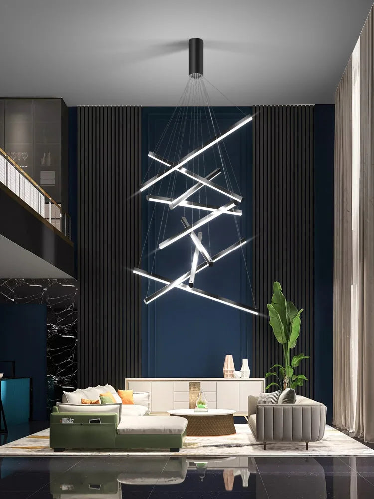 Axyaa Black LED Stair Chandelier: Minimalist Aluminum Line Lamp for Home Lighting