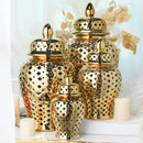 Axyaa Gold Ceramic Temple Jar with Lid, Home Decorative Vase, Hollow Storage Jar