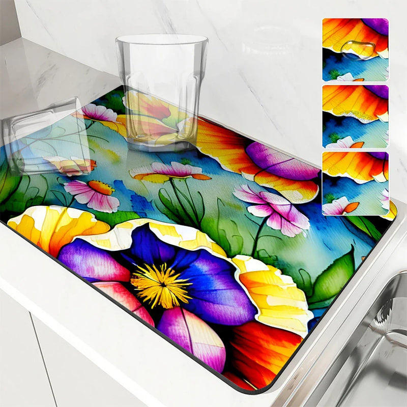 Axyaa Watercolor Kitchen Draining Mat - Large, Anti-slip, Quick Dry, Absorbent Drain Pad