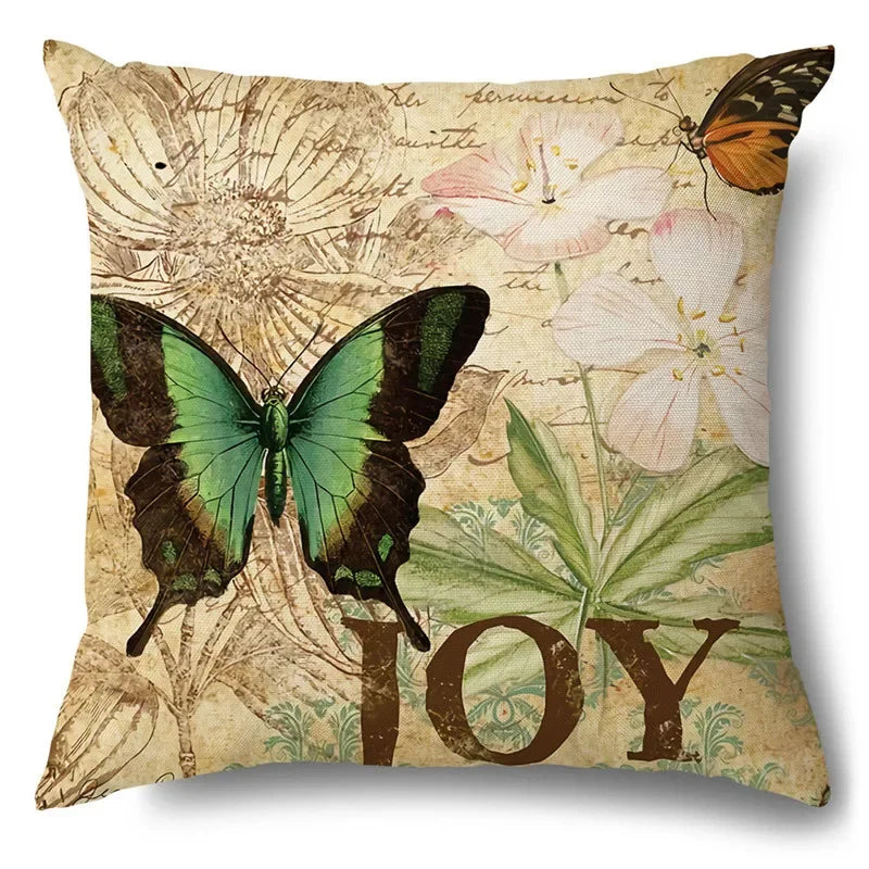 Axyaa Rose Butterfly Print Cotton Linen Pillowcase for Modern Living Room Decor