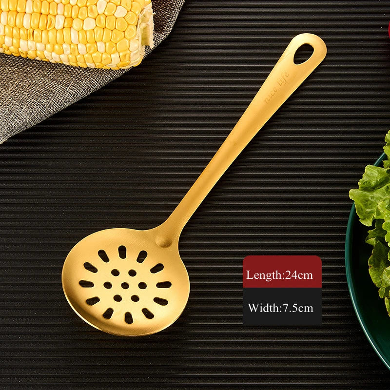 Axyaa Stainless Steel Kitchen Utensil Set - Hanging Dinner Colander Frying Spatula