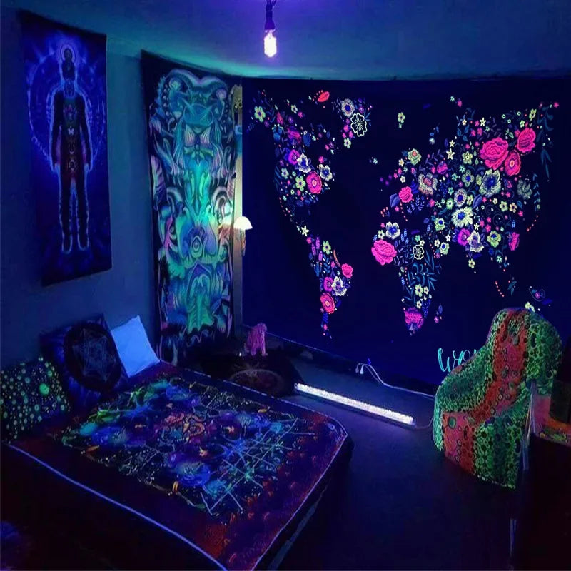 Axyaa Black Light Tapestry - UV Reactive Psychedelic World Hippie Wall Hanging