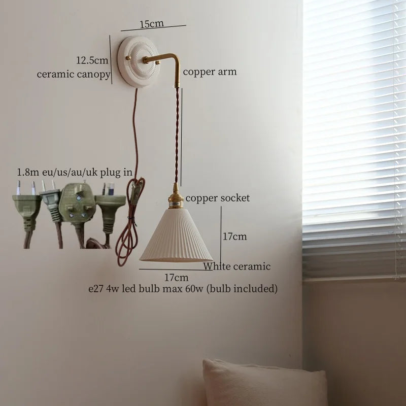 Axyaa Small Pleats Ceramic LED Wall Light Fixture Copper Arm Pull Chain Switch