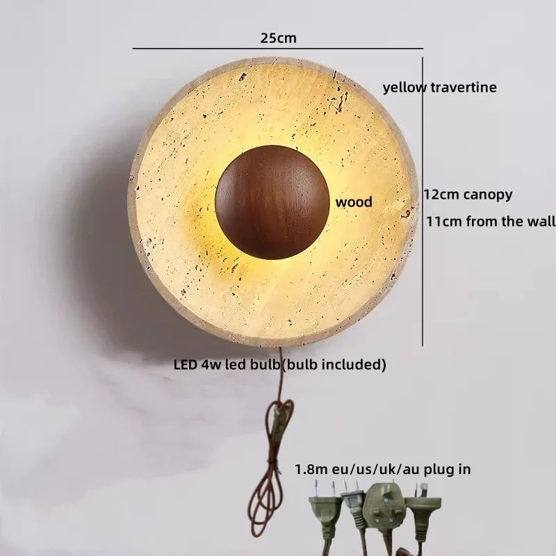Axyaa Wabi Sabi LED Wall Light Yellow Travertine Stone Glass Ball Wandlamp