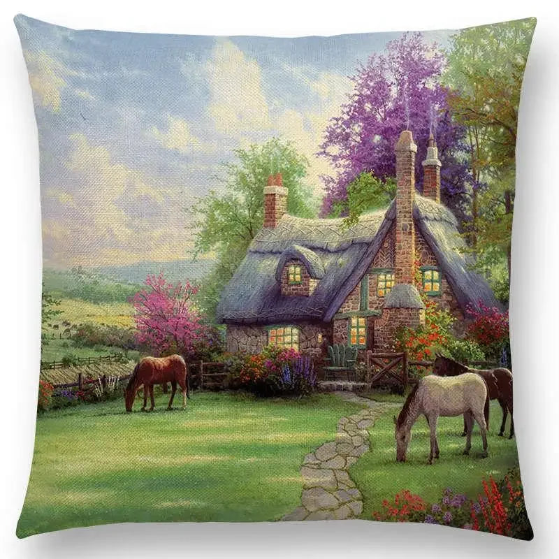 Axyaa Castle Lighthouse Scenery Painting Cushion Cover - Sofa Pillowcase