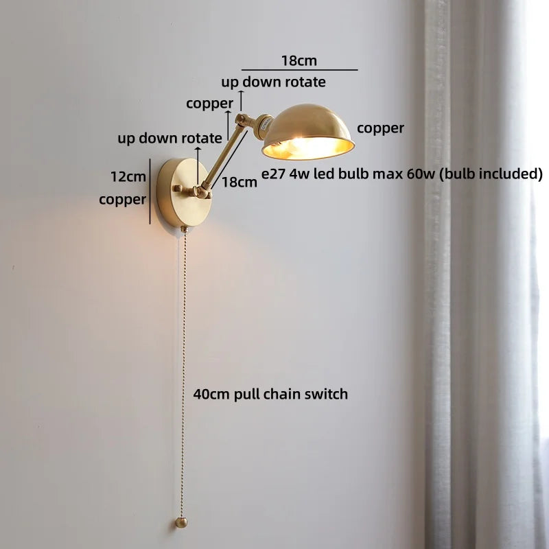 Axyaa Nordic LED Wall Lamp for Bedroom Bedside, Modern Copper Arm, Up Down Rotate, Bathroom Mirror Light