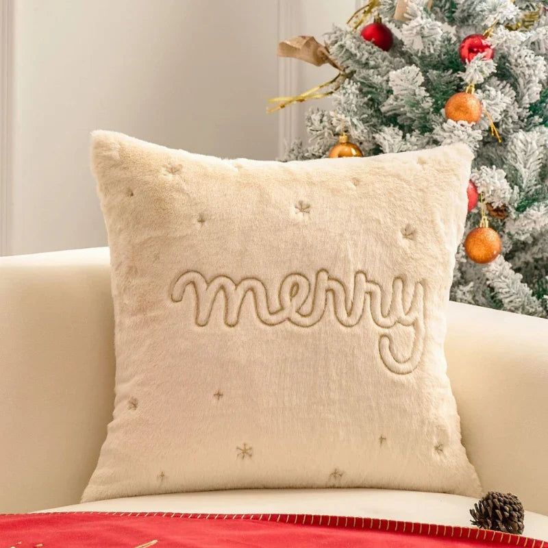 Axyaa White Faux Rabbit Fur Christmas Pillow Cover, Gold Snowman Snowflakes Embroidery