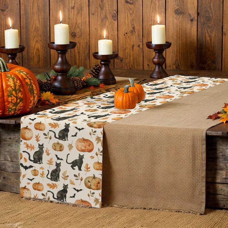 Watercolor Pumpkin Black Cat Table Runner by Axyaa