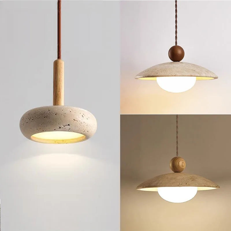 Axyaa Yellow Travertine Pendant Chandelier: Natural Stone & Wood Nordic Hanging Lights