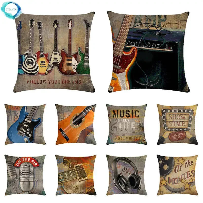 Axyaa Rock Guitar Pattern Throw Pillow Cover: Cotton Linen Cushion for Home Sofa