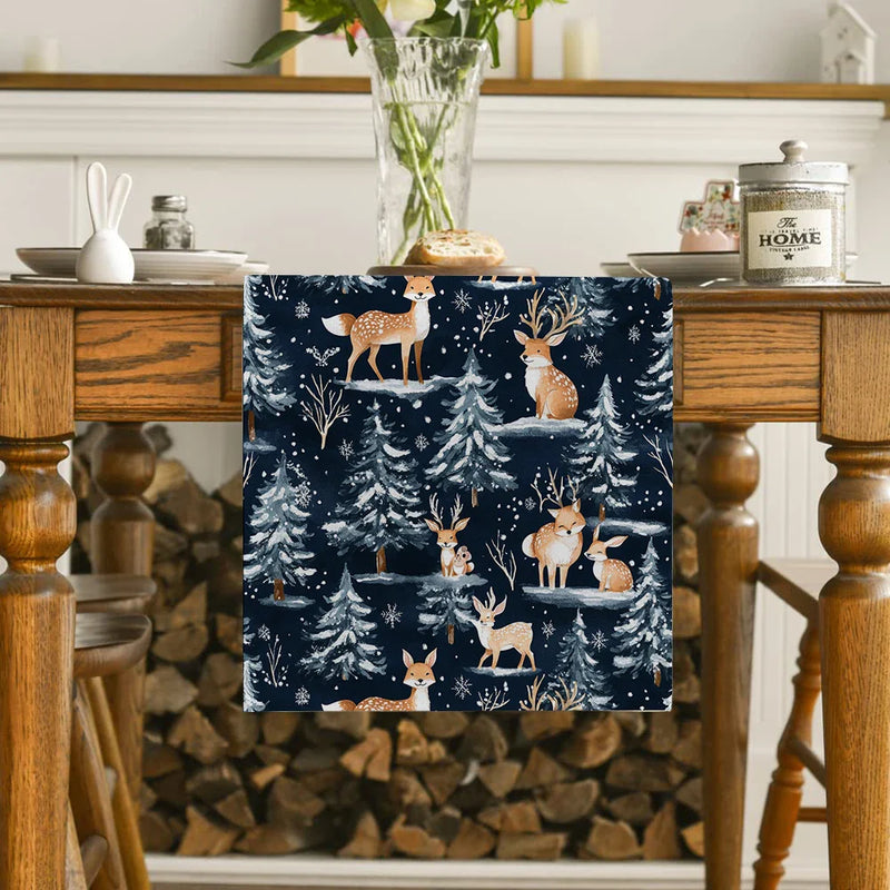 Axyaa Christmas Tree Deer Fox Table Runner for Dining Room