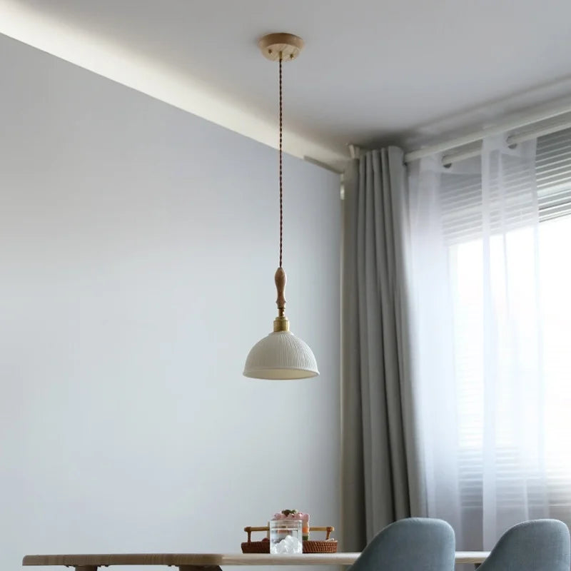 Axyaa Ceramic Pendant Light Wood White LED Lamp for Living Room & Cafe