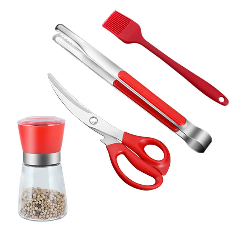 Axyaa 4-Piece Korean BBQ Scissors Set with Seasoning Bottle and Grinder
