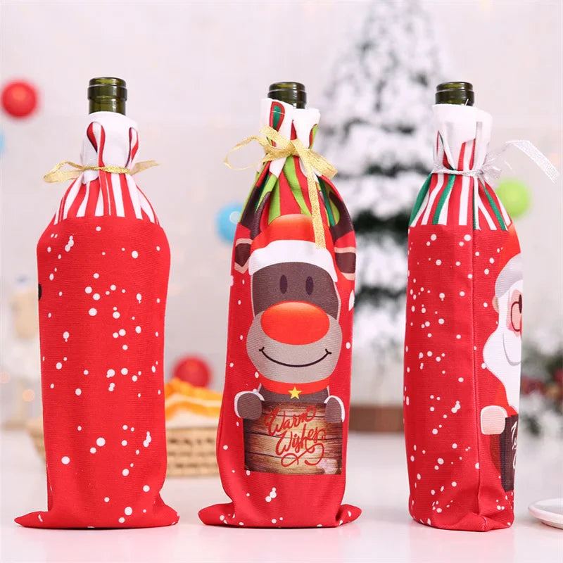 Axyaa Christmas Wine Bottle Covers Santa Claus Snowman Elk Xmas Table Festival Decoration