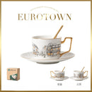 Axyaa Ceramic Coffee Cup and Dish Set: European Town Theme, English Style, Retro Design