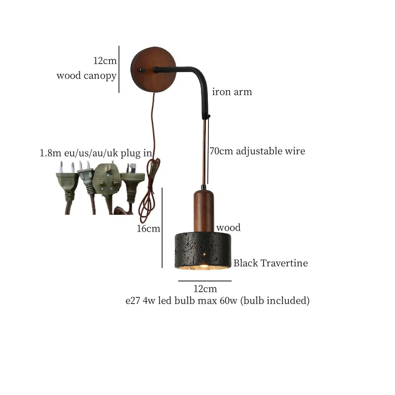 Axyaa Wabi Sabi LED Wall Light 70CM Black Travertine Bedside Lamps