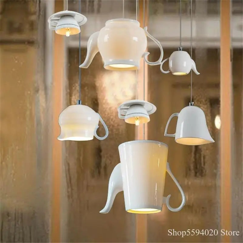 Ceramic LED Pendant Light Tea Cup Teapot Lamp for Kitchen Dining Room by Axyaa