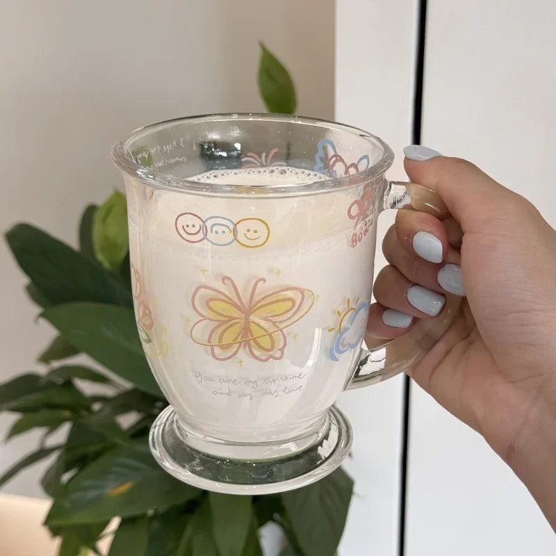 Axyaa Butterfly Glass Juice Mug - Cute Kawaii Design, 400ml, Cold Drink Cup